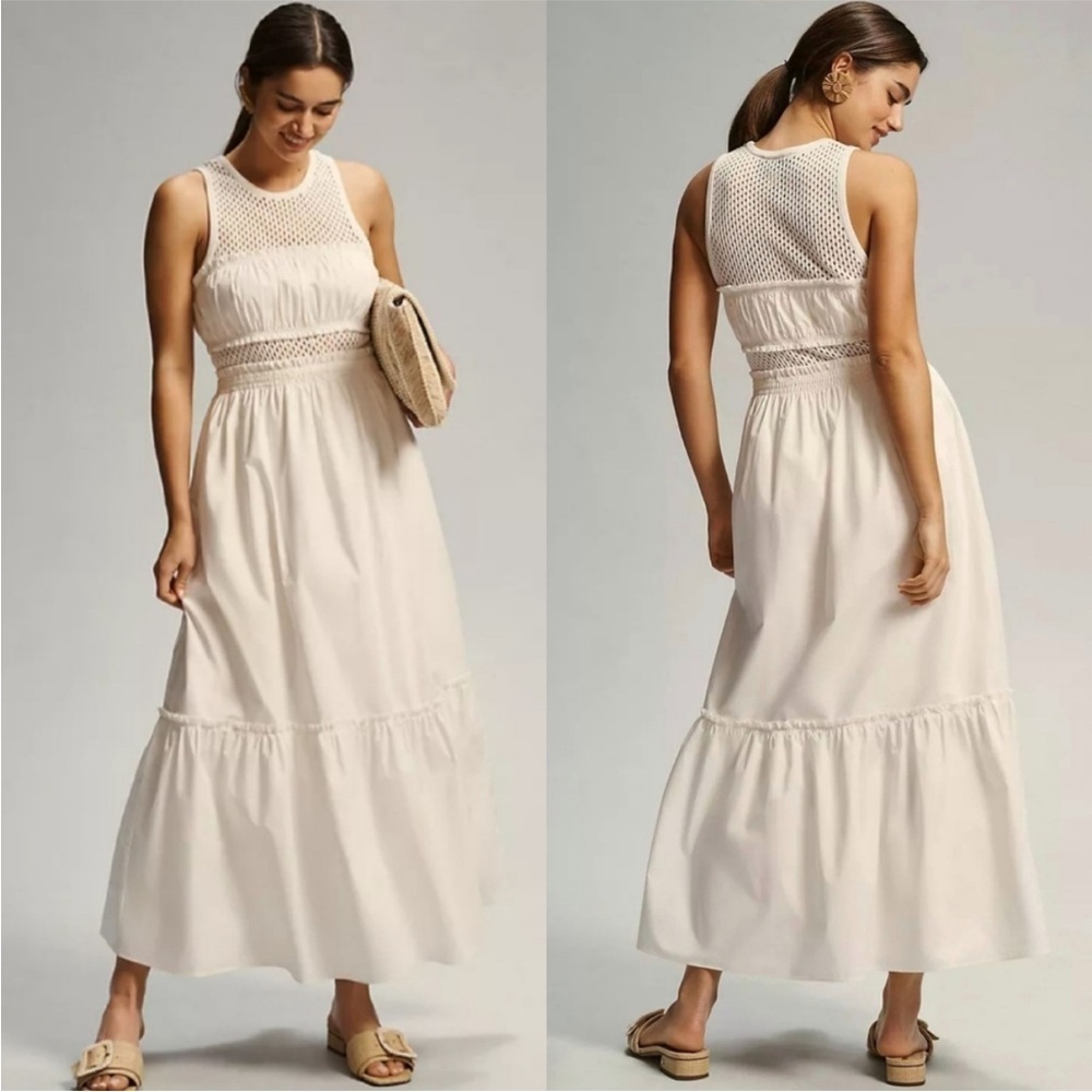 Anthropologie Mare Off White Crochet Maxi Tiered Dress Size XS
